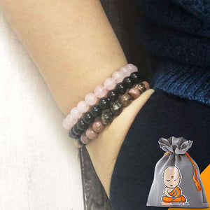 Triple Bracelet "Confiance en l'Amour" en Quartz Rose, Rhodonite et Onyx