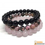 Triple Bracelet "Confiance en l'Amour" en Quartz Rose, Rhodonite et Onyx