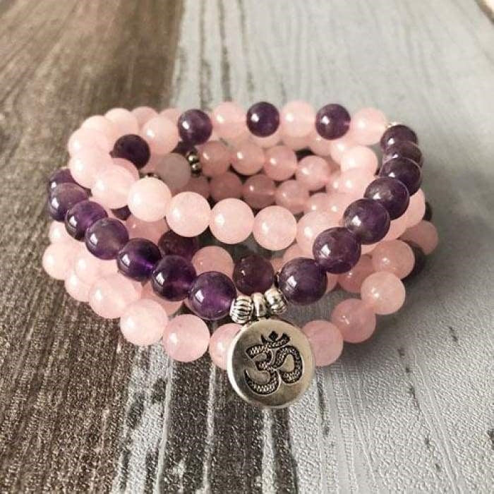 Bracelet Mala "Amour et Compassion" de 108 perles en Quartz Rose et Améthyste