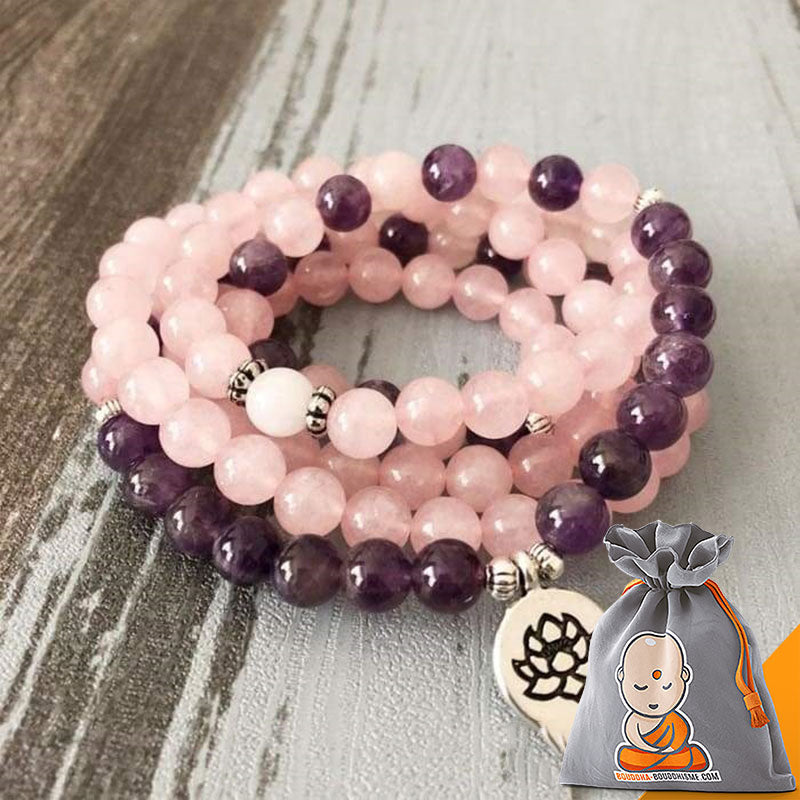 Bracelet Mala "Amour et Compassion" de 108 perles en Quartz Rose et Améthyste