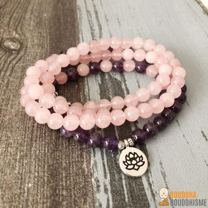 Bracelet Mala "Amour et Compassion" de 108 perles en Quartz Rose et Améthyste