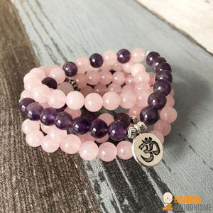 Bracelet Mala "Amour et Compassion" de 108 perles en Quartz Rose et Améthyste