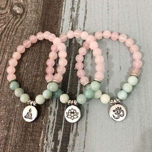 Bracelet "Amour et Calme intérieur" en Quartz Rose et Amazonite - 3 pendentifs disponibles