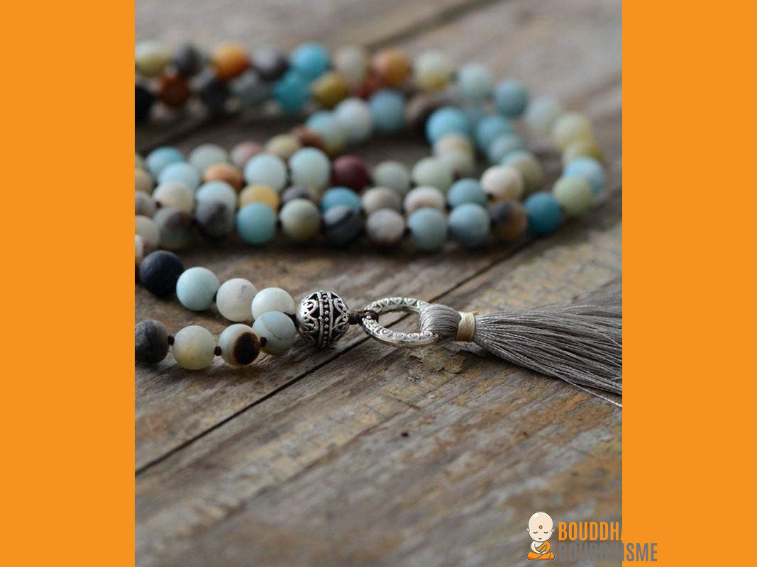 Collier Mala Pompon en Amazonite Naturelle