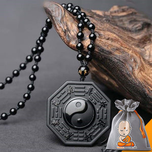 Collier et Pendentif sculpté "Yin & Yang" en Obsidienne Noire