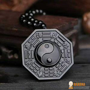 Collier et Pendentif sculpté "Yin & Yang" en Obsidienne Noire