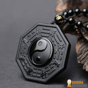 Collier et Pendentif sculpté "Yin & Yang" en Obsidienne Noire