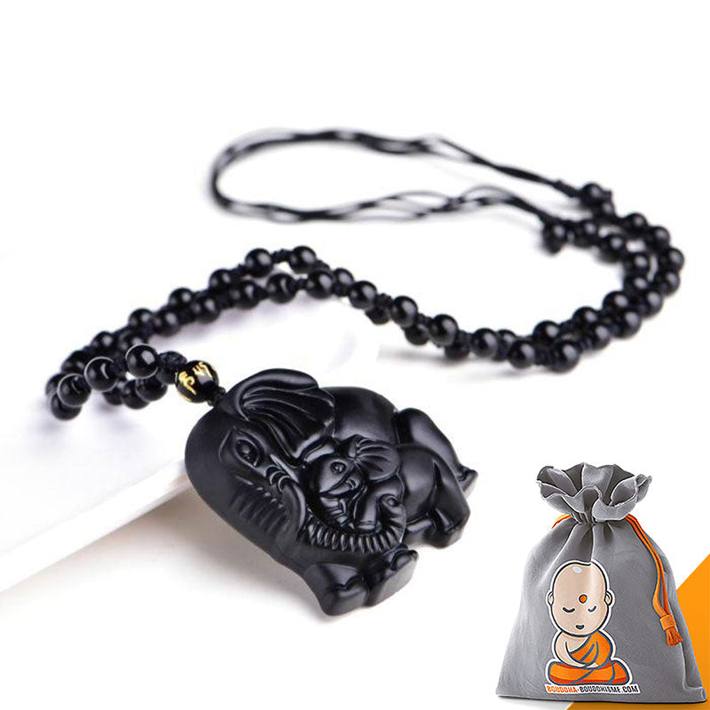 Collier "Éléphant et Protection" en Obsidienne Noire