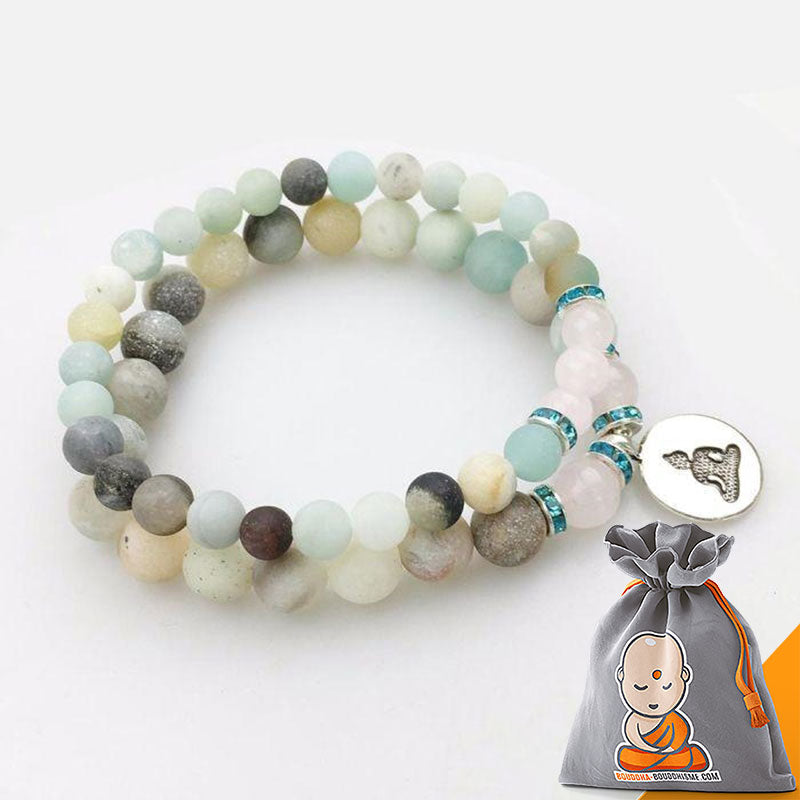 Bracelet Mala Double "Bonheur" en Quartz Rose & Amazonite