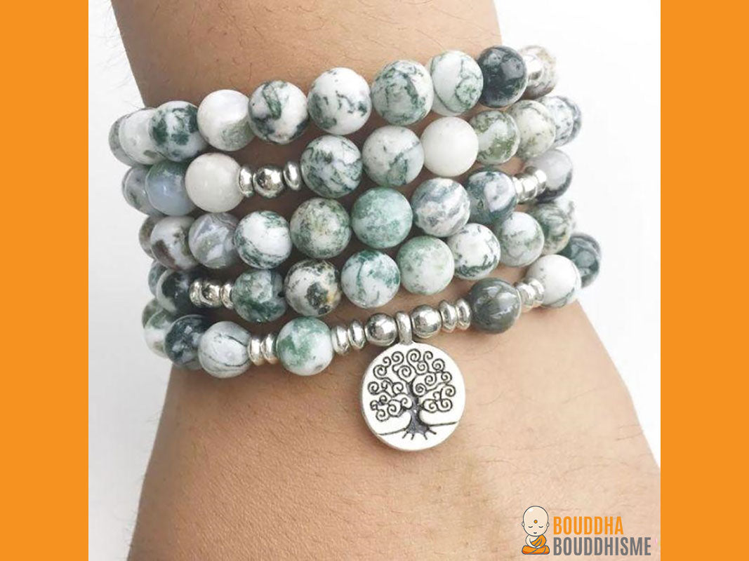 Bracelet Mala "Arbre de Vie" de 108 perles en Agate Arbre