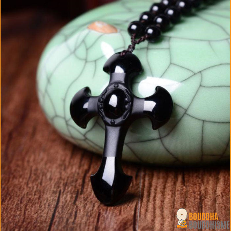 Collier Crucifix en Obsidienne