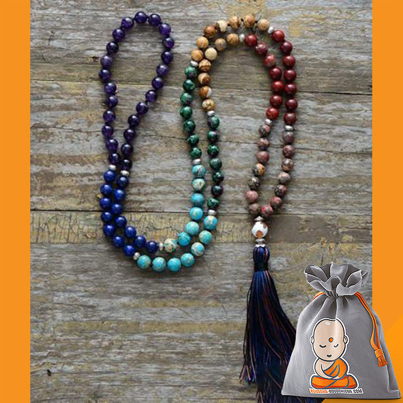 Collier Mala Pompon "Equilibre des 7 Chakras" en Pierres Naturelles