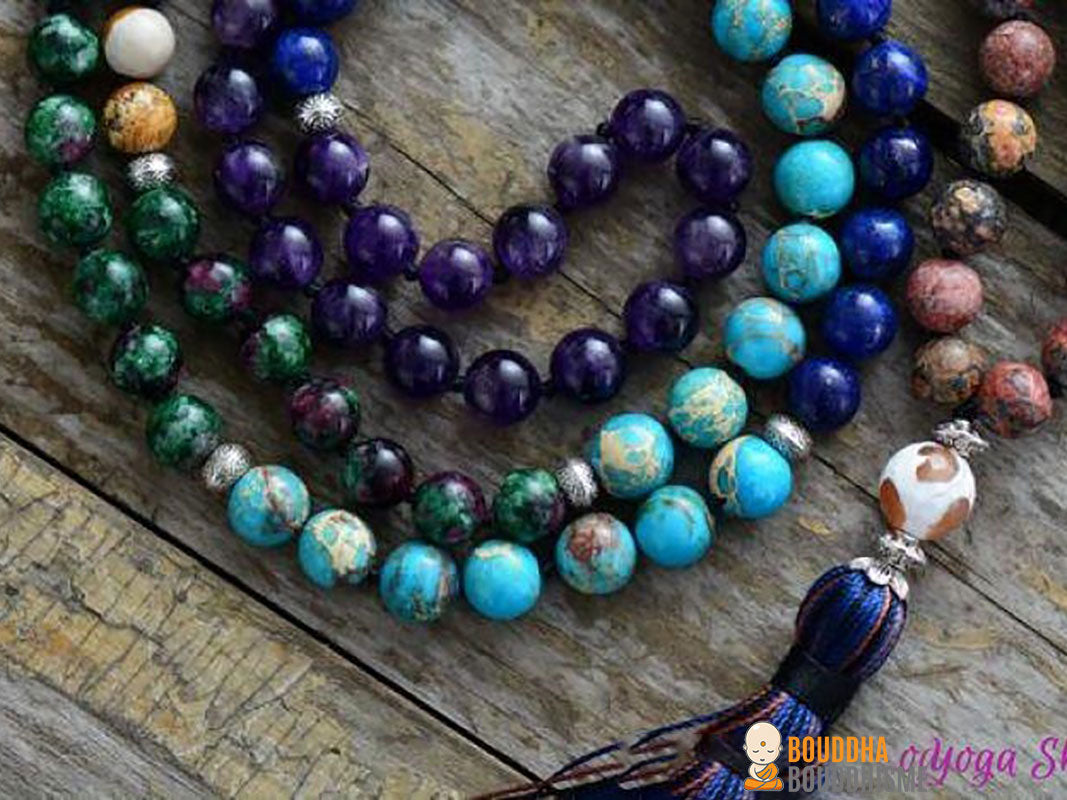 Collier Mala Pompon "Equilibre des 7 Chakras" en Pierres Naturelles