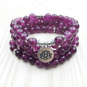 Bracelet Mala Lotus "Joie et Amour" de 108 Perles en Agate Magenta