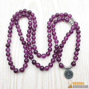 Bracelet Mala Lotus "Joie et Amour" de 108 Perles en Agate Magenta