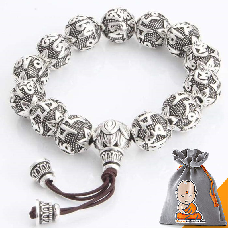 Bracelet de Prière Tibétain "Lotus" en Argent gravé à la Main