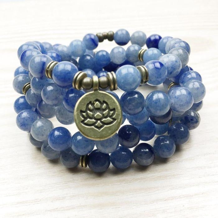 Bracelet Mala "Lotus" de 108 perles en Aventurine Bleue