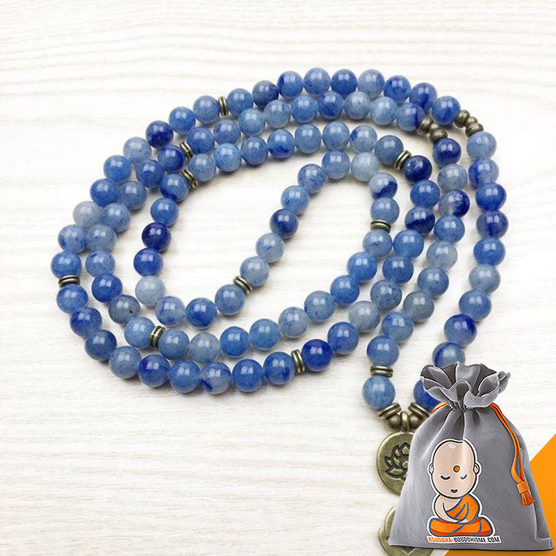 Bracelet Mala "Lotus" de 108 perles en Aventurine Bleue