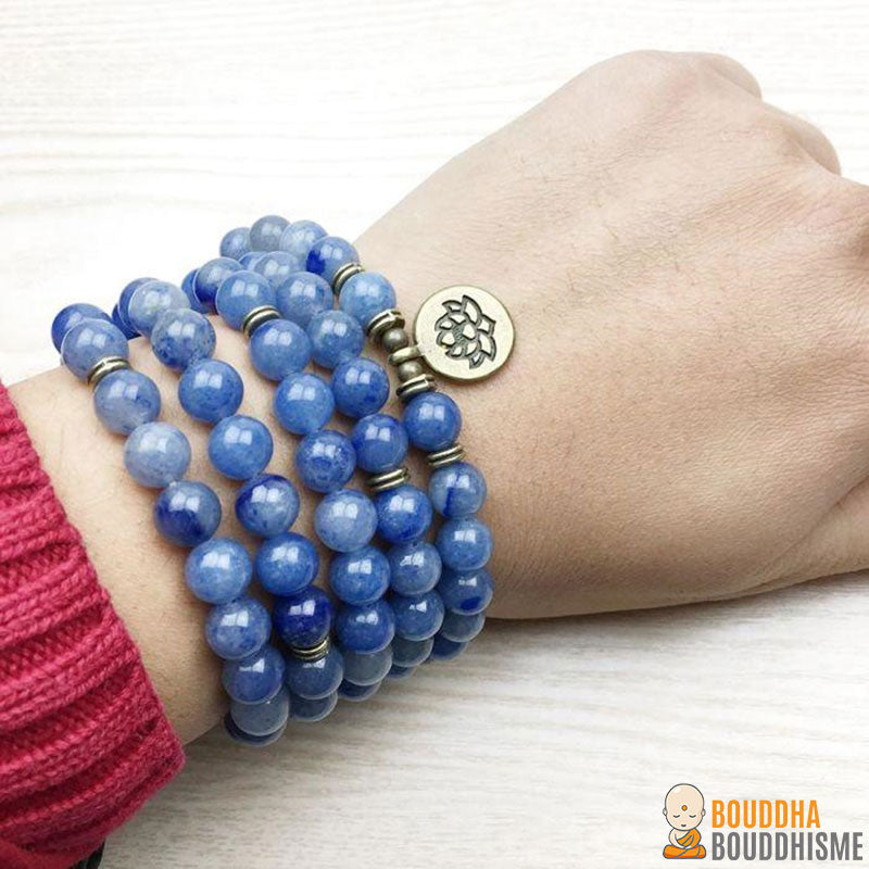 Bracelet Mala "Lotus" de 108 perles en Aventurine Bleue