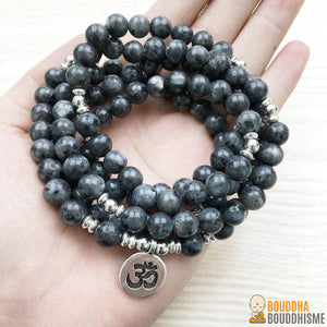 Bracelet Mala "Om" de 108 perles en Labradorite Grise Naturelle