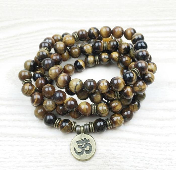 Bracelet Mala "Om" de 108 perles en Oeil de Tigre