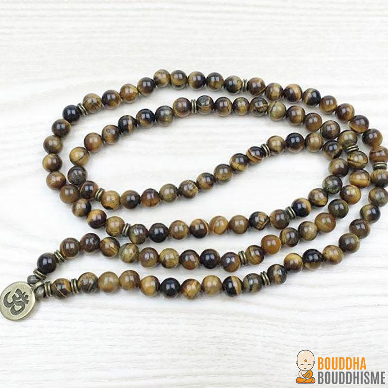 Bracelet Mala "Om" de 108 perles en Oeil de Tigre