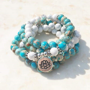 Bracelet Mala "Lotus" de 108 perles en Jaspe Océan et Howlite