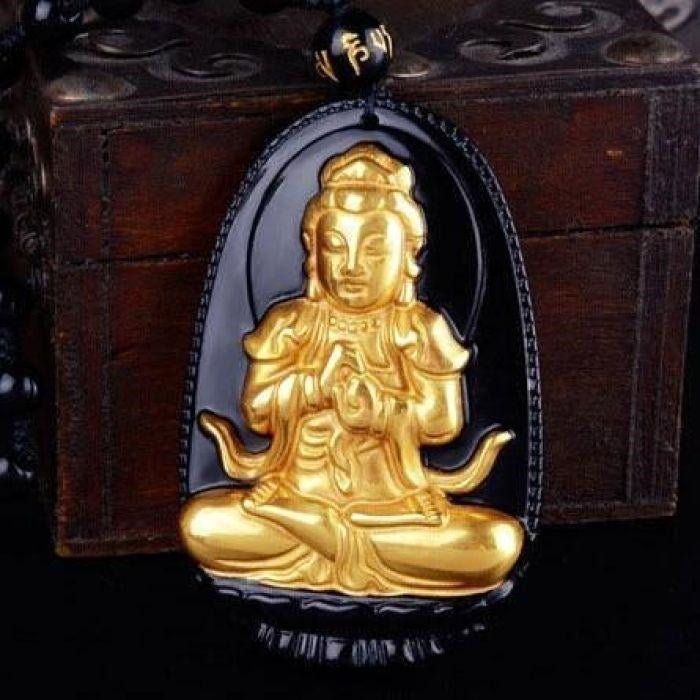 Collier & Pendentif Bouddha "Vitalité" Plaqué Or 18K et Obsidienne Noire