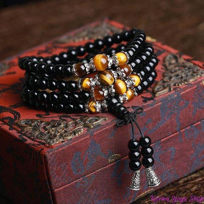 Bracelet Mala Bouddhiste Obsidienne/Oeil de Tigre