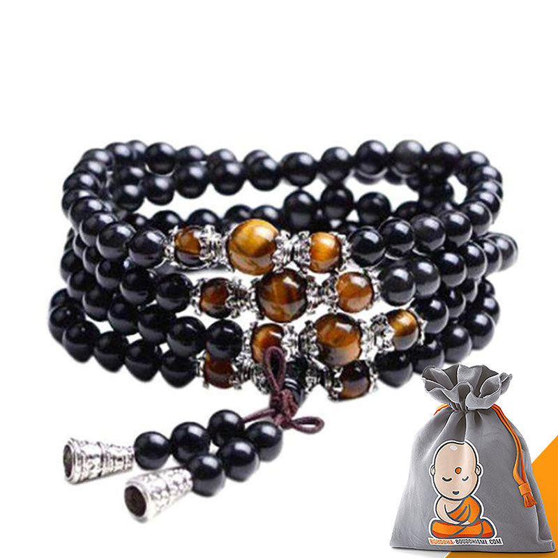 Bracelet Mala Bouddhiste Obsidienne/Oeil de Tigre