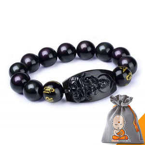 Bracelet Porte-Chance Bouddha en Obsidienne Noire Sculptée à la Main