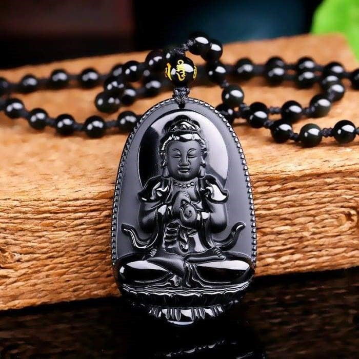 Collier & Pendentif Bouddha "Vitalité" en Obsidienne Noire