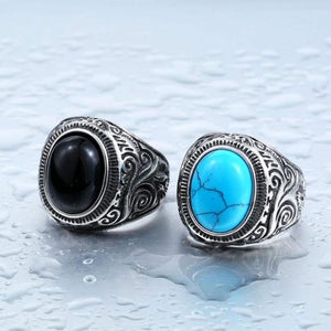 Bague en Acier et Pierre Semi-Précieuse - Turquoise ou Onyx