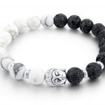 Bracelet Noir et Blanc en pierres de lave + Tête de Bouddha