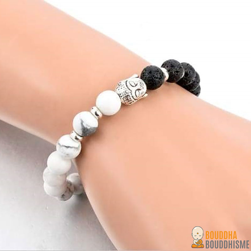 Bracelet Noir et Blanc en pierres de lave + Tête de Bouddha