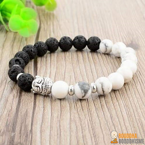 Bracelet Noir et Blanc en pierres de lave + Tête de Bouddha