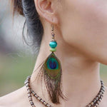 Boucles d'oreilles en plumes de paon & pierres naturelles