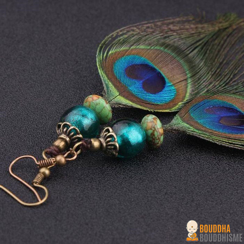 Boucles d'oreilles en plumes de paon & pierres naturelles