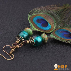 Boucles d'oreilles en plumes de paon & pierres naturelles