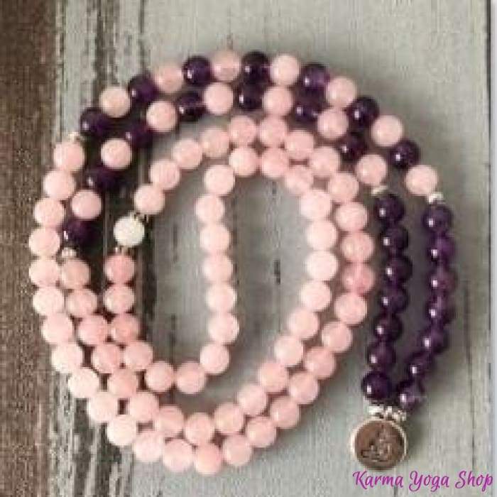 Bracelet Mala "Amour et Compassion" de 108 perles en Quartz Rose et Améthyste