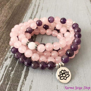 Bracelet Mala "Amour et Compassion" de 108 perles en Quartz Rose et Améthyste