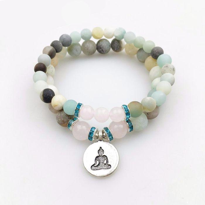 Bracelet Mala Double "Bonheur" en Quartz Rose & Amazonite